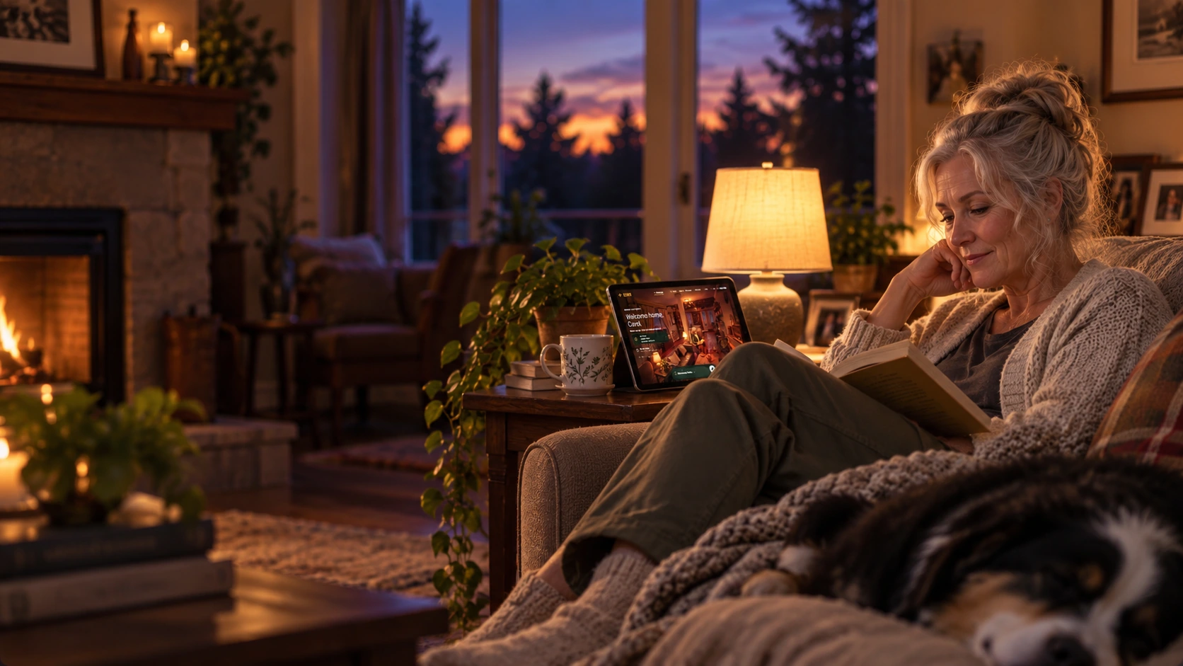 Carol reading at home with her dog nearby and Robin quietly present on her iPad