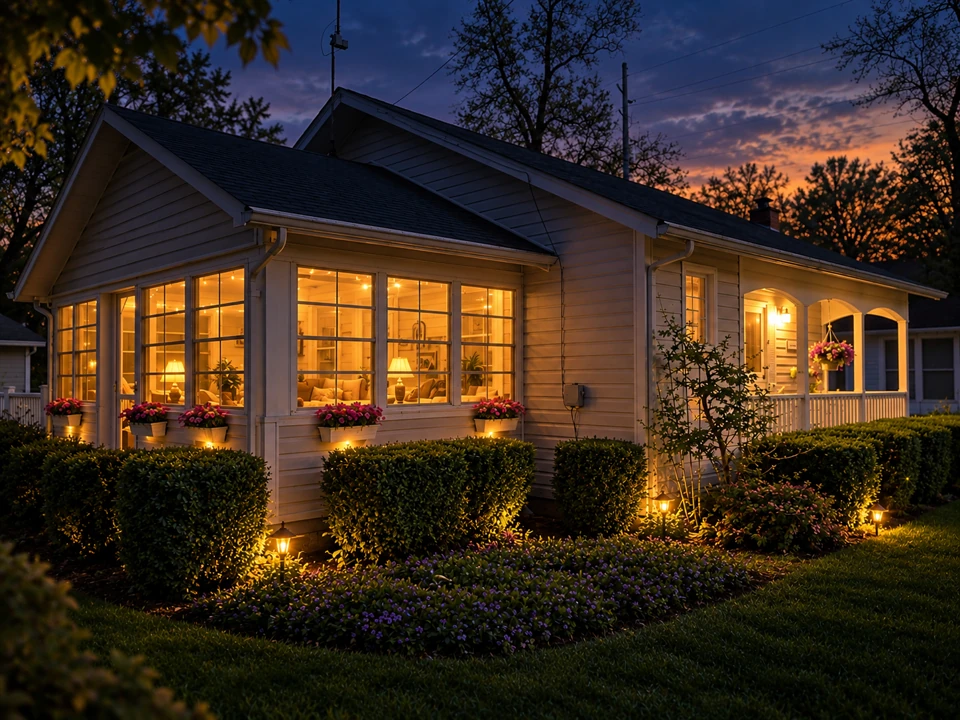 The Cottage at twilight, with warm light in its windows
