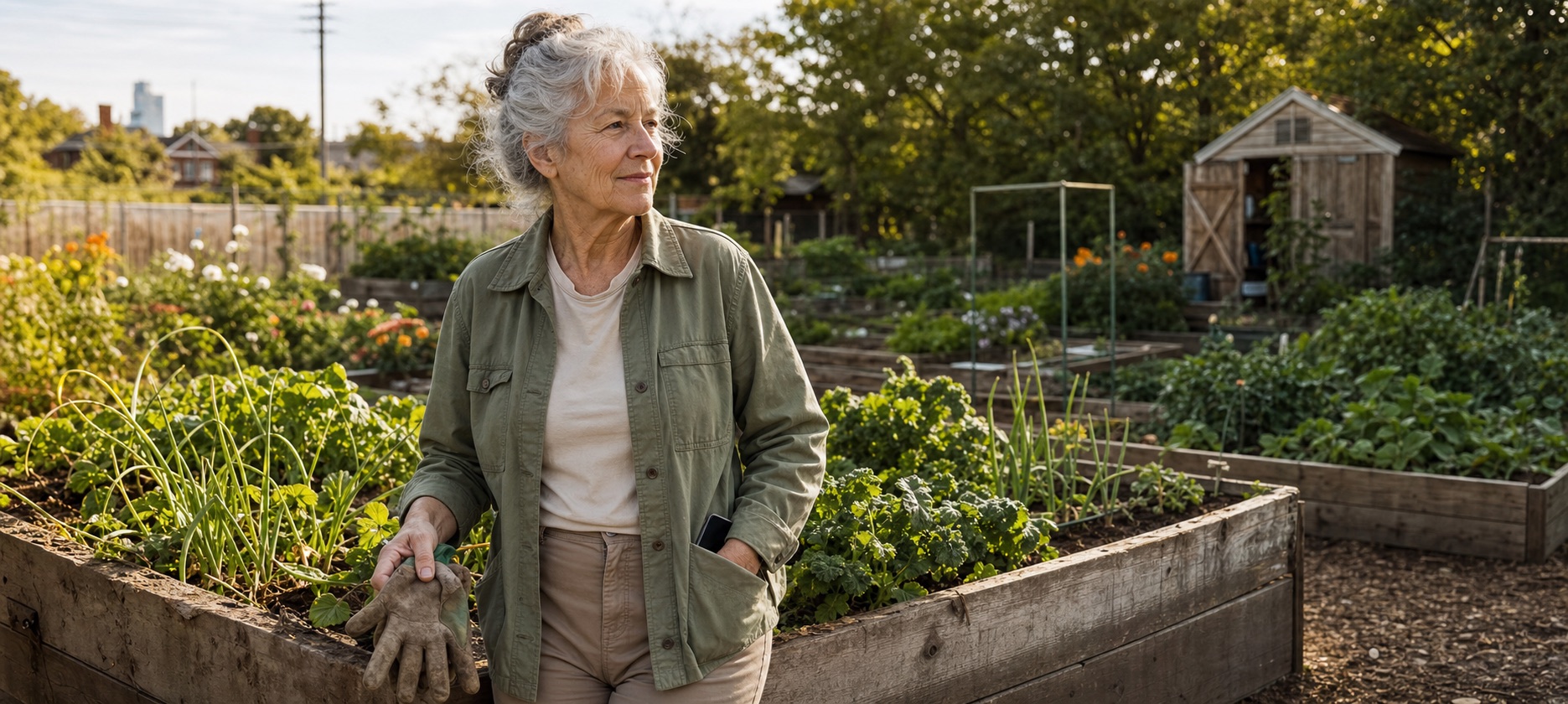 An older woman pausing after a morning in a contemporary community garden