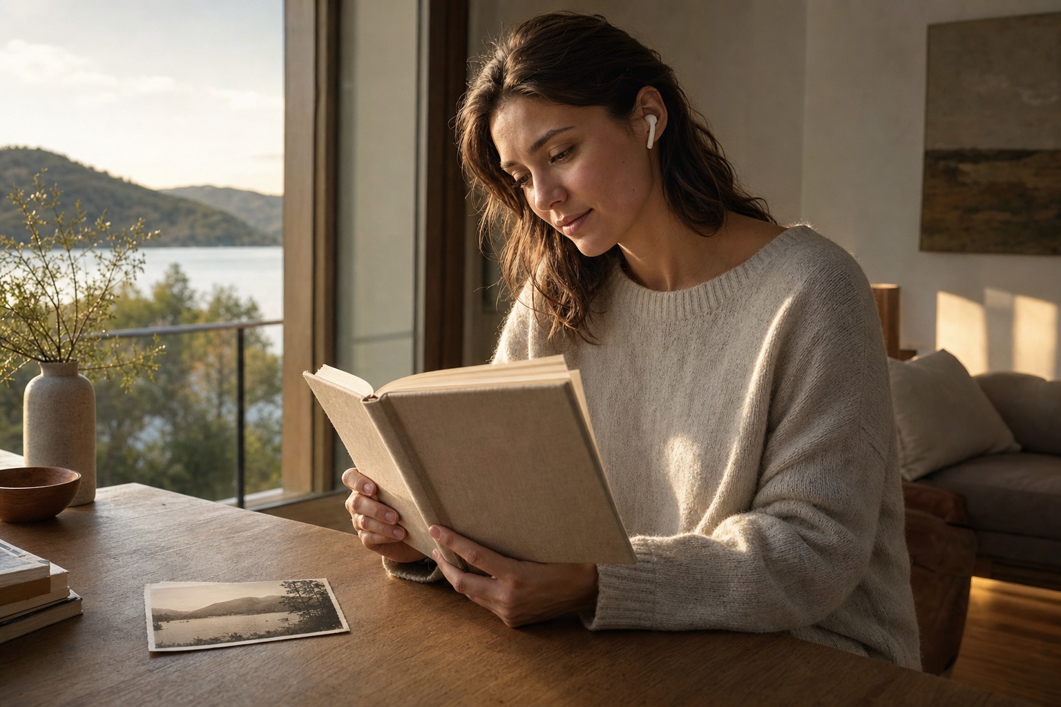 A young adult quietly reading a linen-bound Legacy Book years later