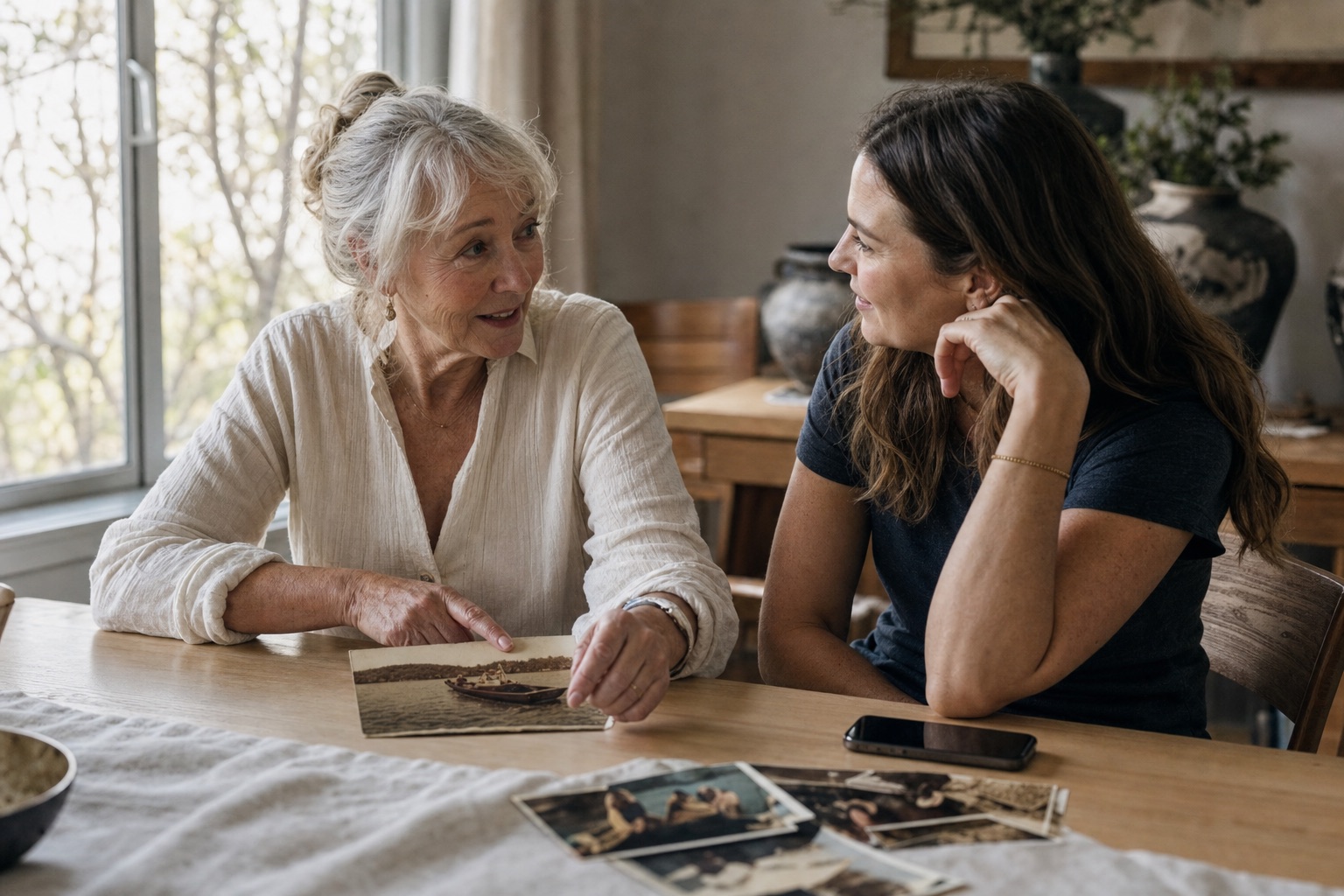 An older woman telling her adult granddaughter the story behind an old lake photograph