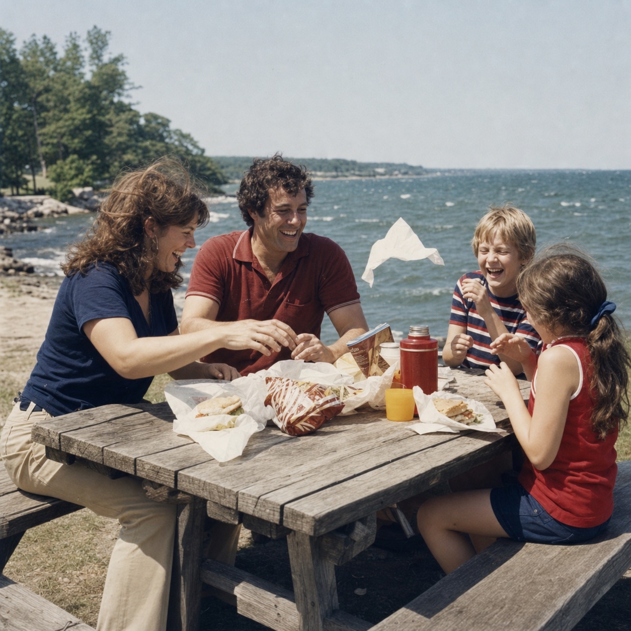 A fictional vintage family photograph beside a lake