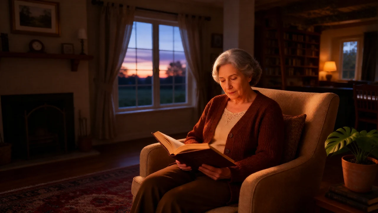 Robin reading quietly in the warmly lit Cottage